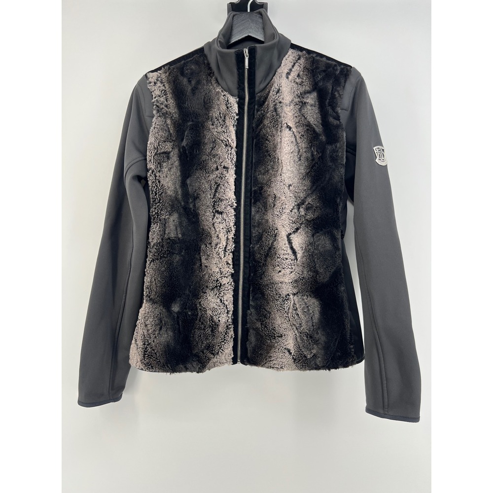 Degre 7 Faux Fur Vest Jacket Womens 40 Black Gray Full Zip Mock Neck Coat